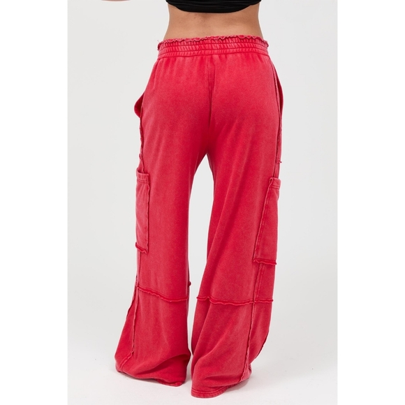 CloudDweller Red Mineral Washed Cotton Butter Soft Wide Leg Cargo Sweatpants - Picture 5 of 5